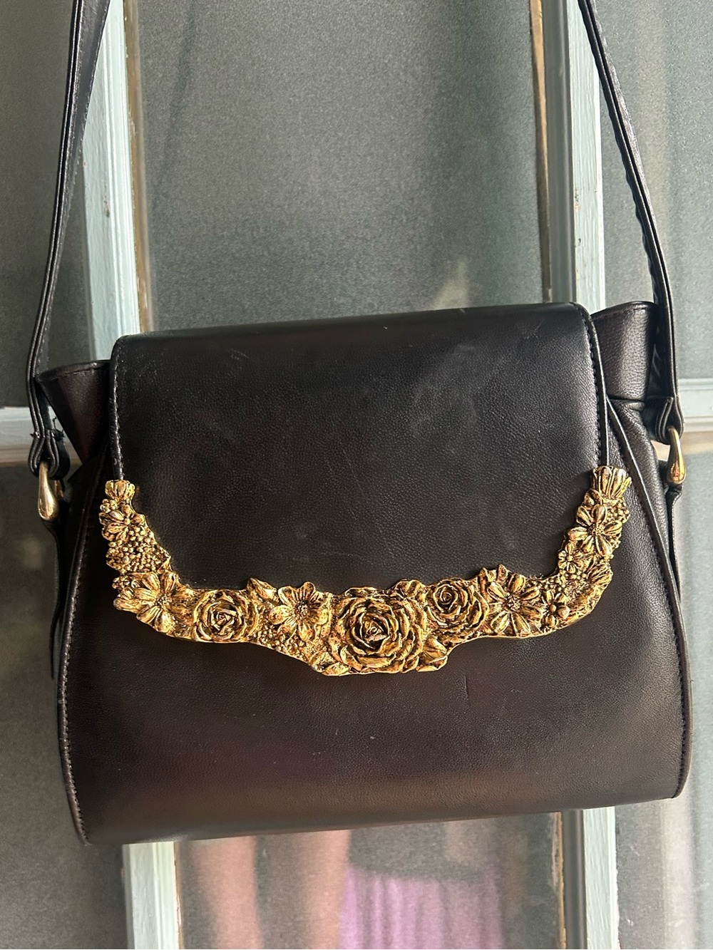 Vintage Art Deco Leather Shoulder Adjustable Satchel Floral Embossed Black